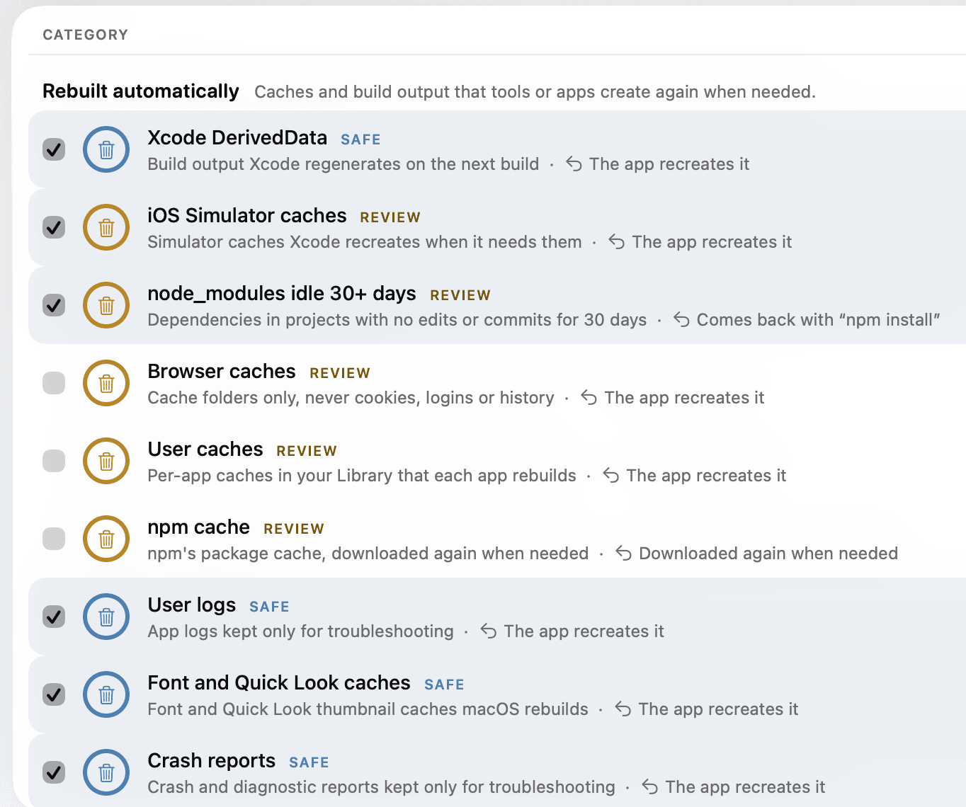 TinySift's Clean rows: Xcode DerivedData, iOS Simulator caches and node_modules ticked, Browser caches, User caches and npm cache unticked.