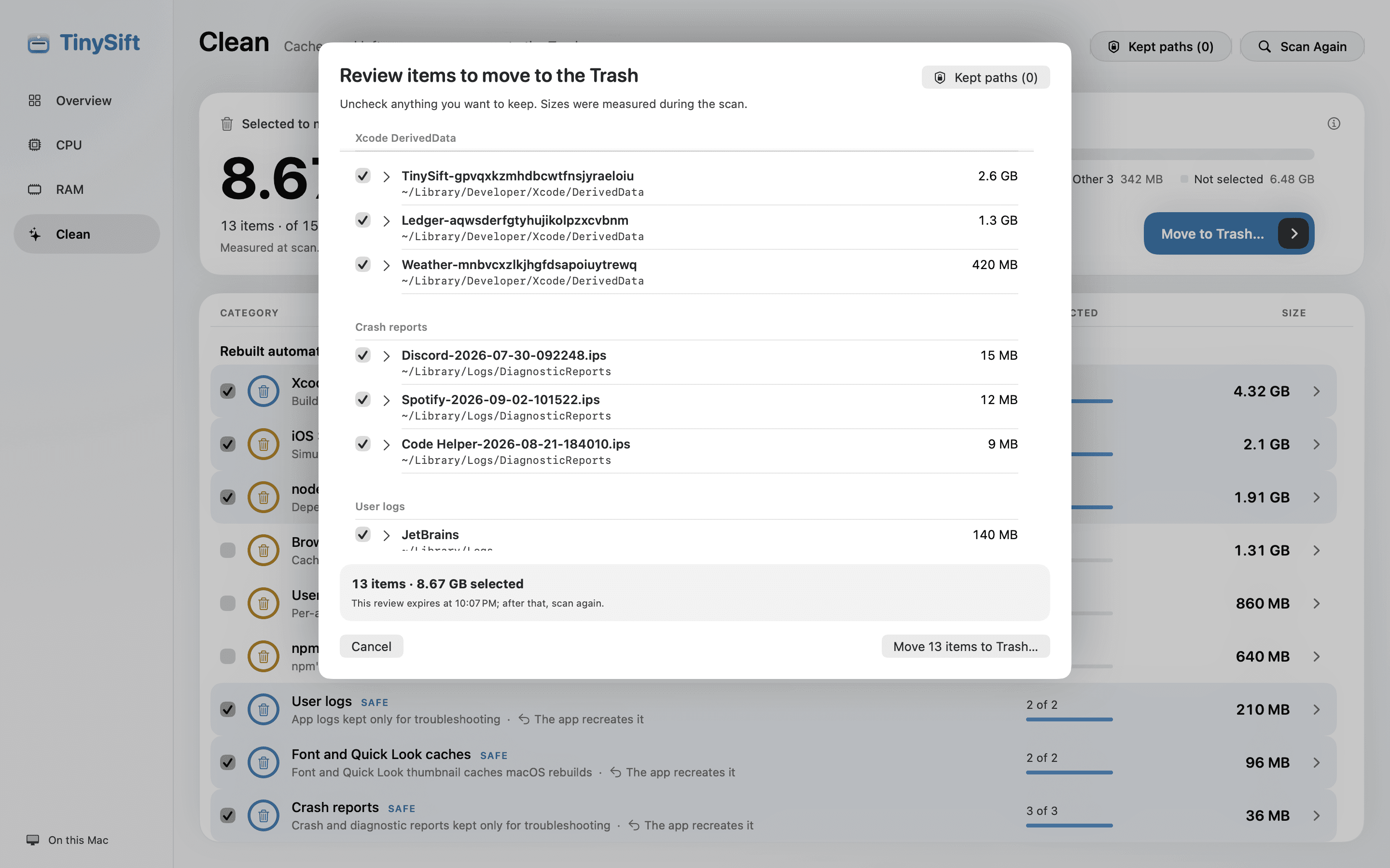 The review sheet over the Clean screen: every selected path with its size, 13 items and 8.67 GB, and a button to move them to the Trash.
